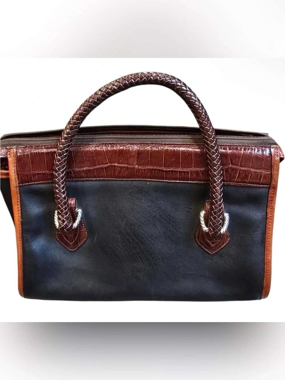 Vintage Brighton Black & Brown Leather Croc Trim Satchel with Heart Accent
